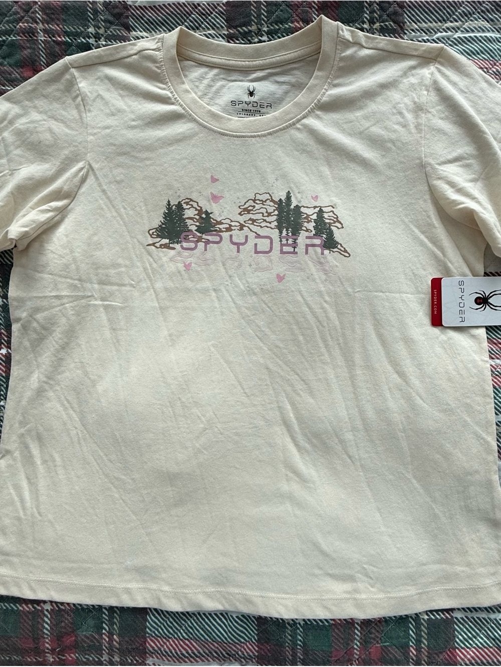 Spyder Women’s Cream Short-Sleeve Tee with Green Nature Graphic and Pink Accents